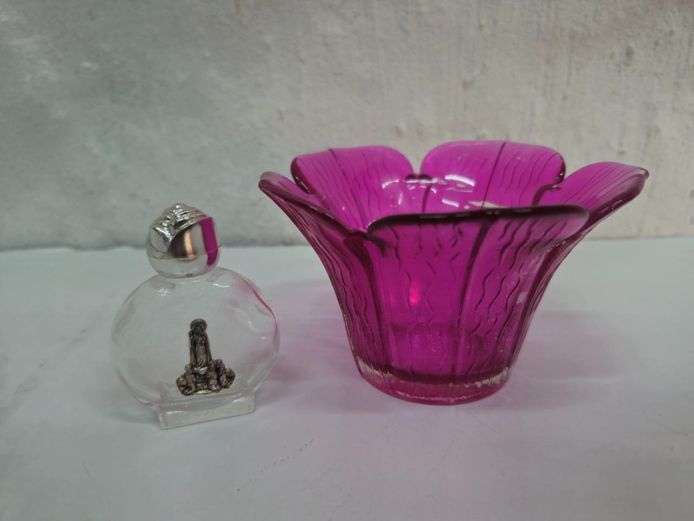 Small Glass Holy Water Bottle & Pink Petal Candle Holder