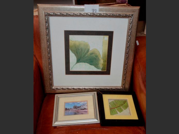 LOT OF 3 FRAMED PRINTS: DELICIOUS MONSTER LEAF, PALM FROND & HARBOUR SCENE