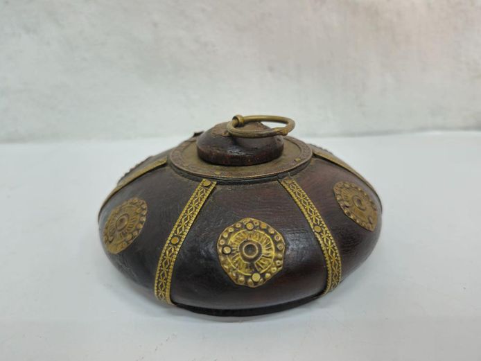 Vintage Brass-Mounted Wooden Inkwell with Lid