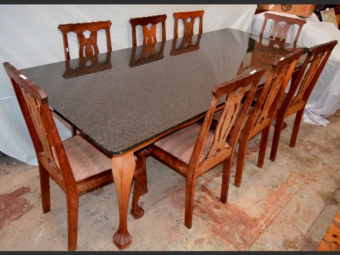 IMBUIA BALL & CLAW DINING TABLE WITH MARBLE TOP & 8 MATCHING CHAIRS