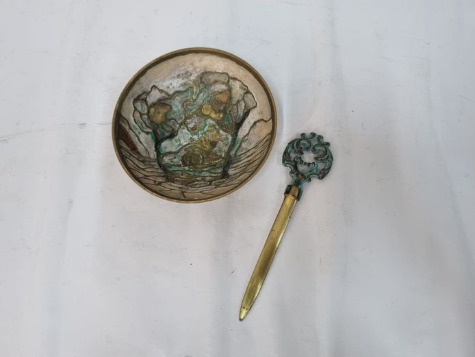 Vintage Enamel Inlay Brass Bowl and Ornamental Letter Opener