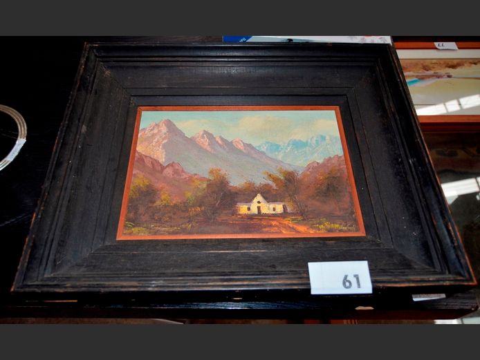 DARKWOOD FRAMED OIL ON CANVAS "COTTAGE" SIGNED JOHAN GREFF, 34 x 24cm