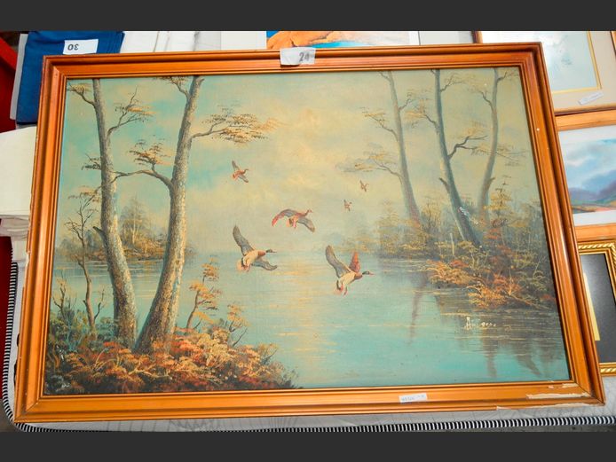 FRAMED OIL ON BOARD "RIVER SCENE" SIGNED AMBROSE, 89 x 59cm