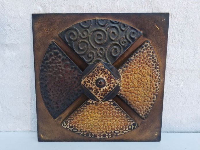 Vintage Brutalist Embossed Metal Geometric Wall Art Panel
