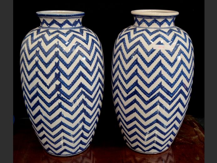 PAIR BLUE & WHITE CERAMIC VASES, 40cm High