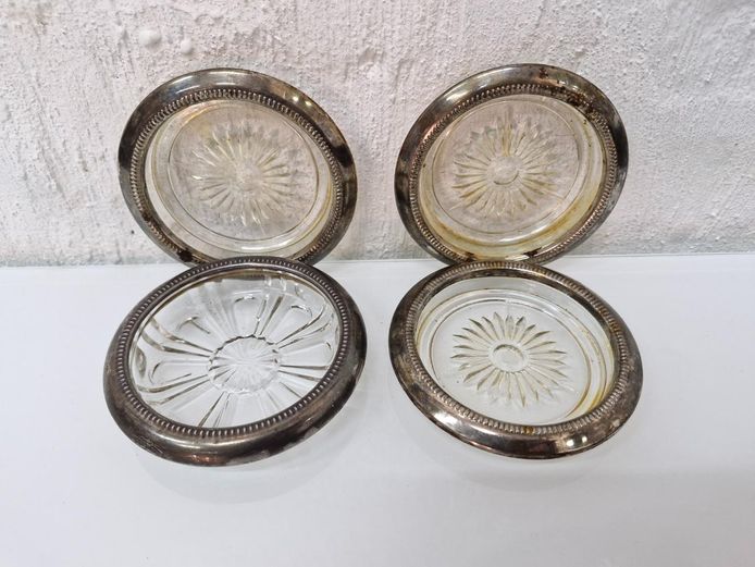 Set of 4 Silver Plate Metal Rim & Intaglio Coasters