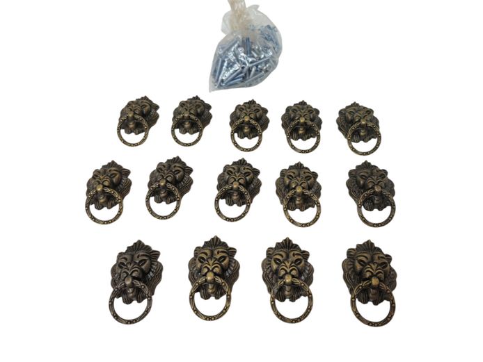 Set of 14 Antique Bronze-Finished Lion Head Ring Pull Handles