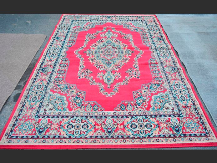 CREAM, BLUE & RED PERSIAN STYLE CARPET, 275 x 186cm