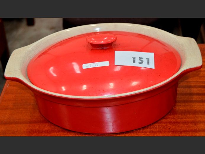 VINTAGE RED & CREAM CERAMIC CASSEROLE WITH LID, 36 x 26 x 10cm