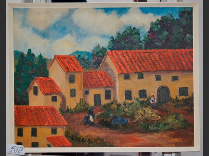 FRAMED OIL ON BOARD "HOUSES", 70 x 55cm