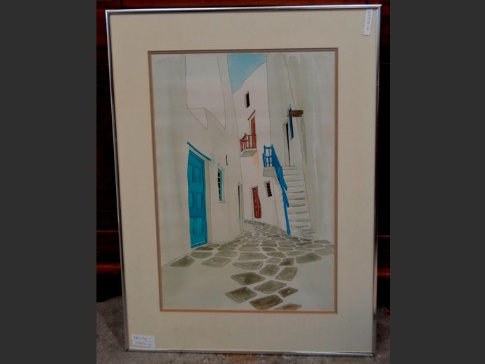 FRAMED WATERCOLOUR "GREEK STREET SCENE", 48 x 32cm