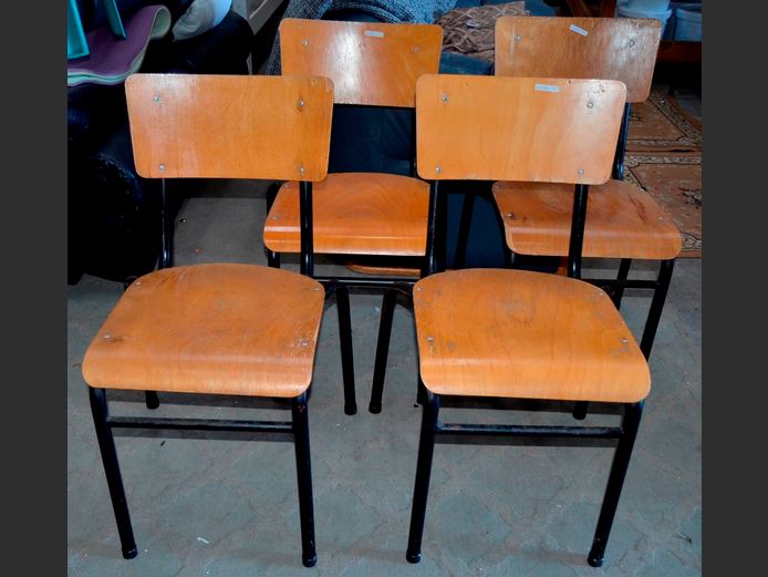 SET OF 4 OAK SCHOOL HALL CHAIRS