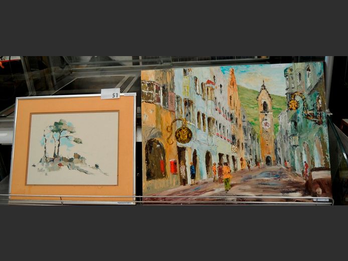 UNFRAMED OIL ON BOARD "STREET SCENE", 61 x 46cm, & ANOTHER, 32.5 x 25cm