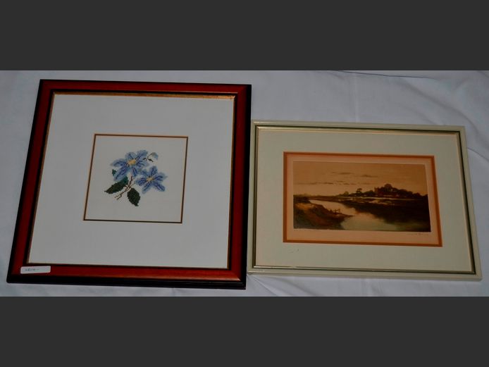 FRAMED NEEDLEPOINT, 15 x 15cm, & A FRAMED PRINT, 22 x 12.5cm