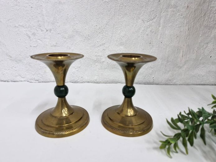 Pair of Vintage Solid Brass Candle Holders with Green Accents