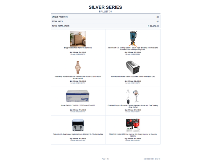 SILVER PALLET OF STOCK (NOT TESTED) TOTAL RETAIL VALUE: R 49,675.00 STC