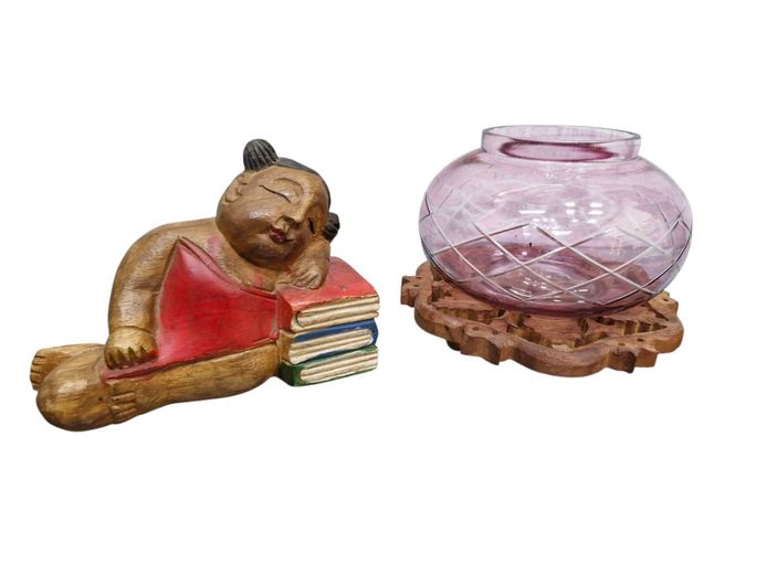 Vintage Wood Carved Bookend, Vase & Carved Trivet