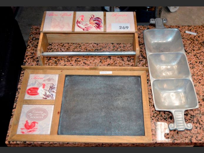 CARROL BOYES STYLE SNACK PLATTER, WALL MOUNT BLACKBOARD, etc