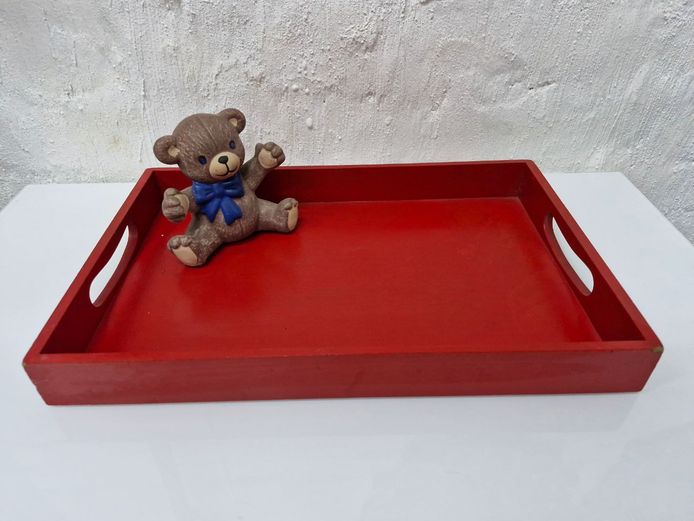 Retro Ceramic Brown Teddy Bear with Matte Red Wood Decorative Serving Tray