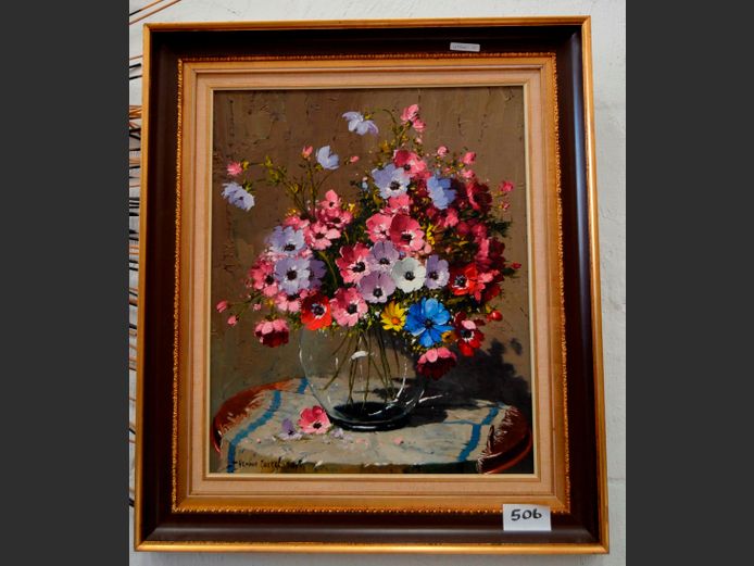 GILT FRAMED OIL ON BOARD "COSMOS" SIGNED HENNIE GRIESEL, 60 x 49.5cm