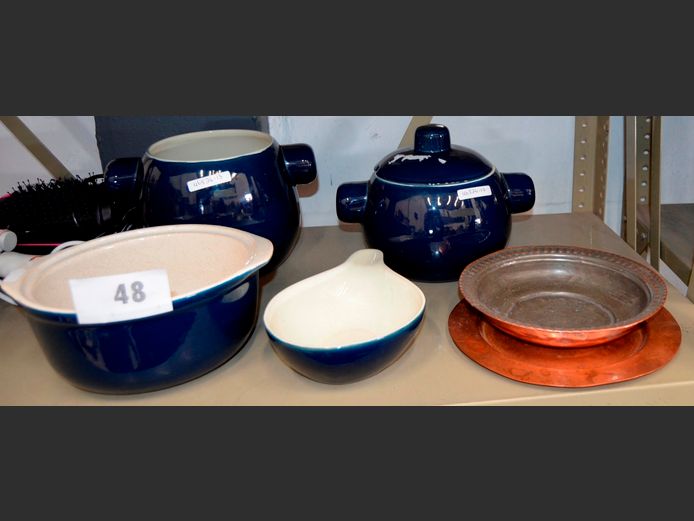 SET OF 2 BLUE CERAMIC TUREENS, CASSEROLE, etc