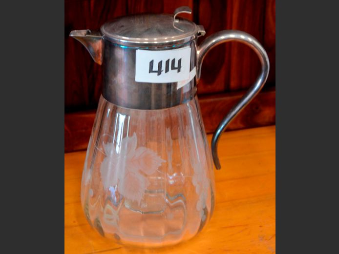 GLASS PITCHER WITH MAPPIN & WEBB SILVER PLATE SPOUT & HANDLE, 30cm High