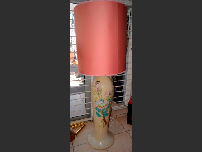 HAND PAINTED BY MM VAN DER BERG CERAMIC FLOOR LAMP WITH PINK SHADE, 60cm Diameter x 180cm High