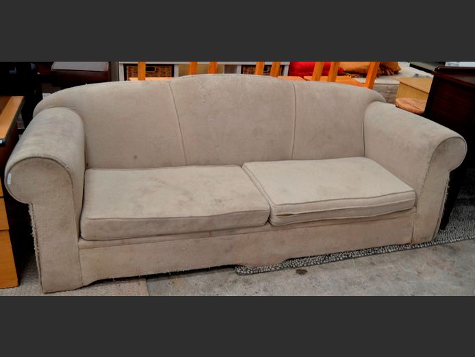 BEIGE UPHOLSTERED 2-SEATER COUCH, 230 x 90cm [Needs re-upholstering]