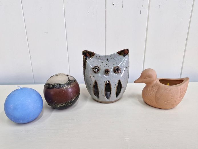 Decor Lot: Studio Pottery Owl Tea Light Burner, Terracotta Duck & Ball Candles