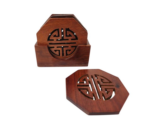 Vintage Asian Wooden Shou Symbol Coaster Set