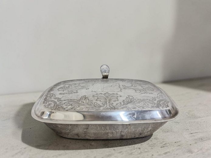 Antique Engraved Silver-Tone Hinged Casket