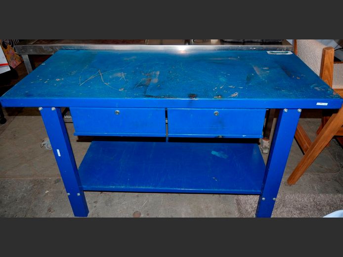 BLUE METAL 2-DRAWER WORKSHOP TABLE, 150 x 64 x 86cm
