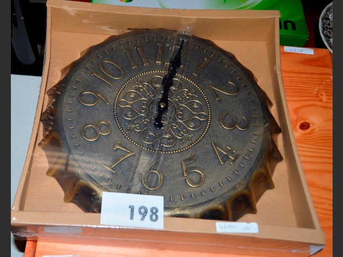 "GILT" & BLACK PLASTIC WALL CLOCK, 35cm Diameter