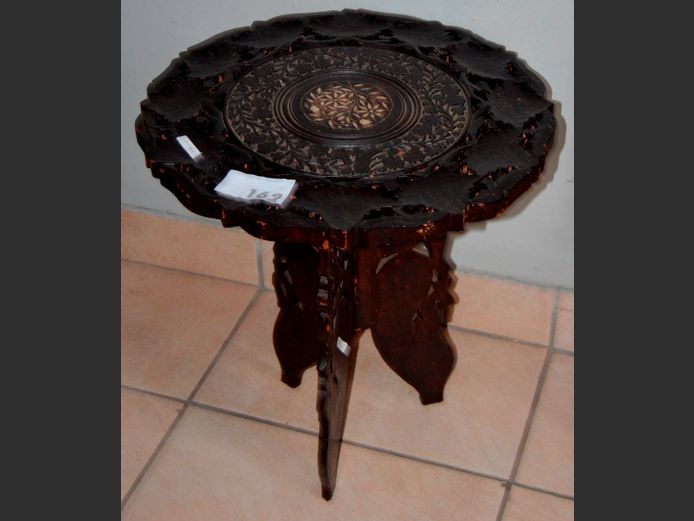 INDIAN CARVED & INLAID SIDE TABLE, 44cm Diameter x 49cm High