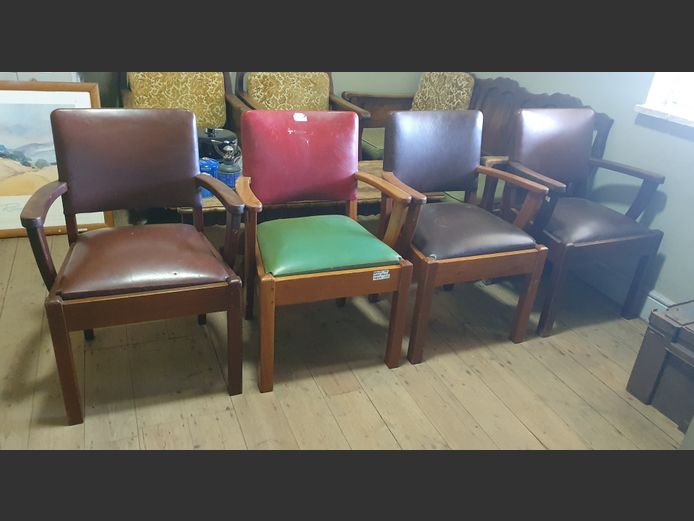 SET OF 4 TEAK & LEATHER UPHOLSTERED ARMCHAIRS