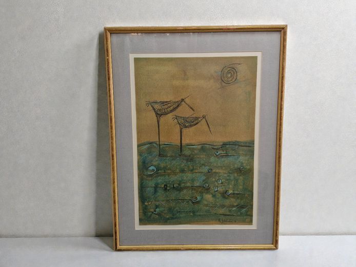1991 Abstract Bird Painting by R. Schreuder, Framed 