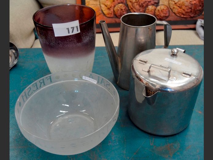 GLASS VASE, BOWL, STAINLESS STEEL TEAPOT & A STAINLESS STEEL JUG