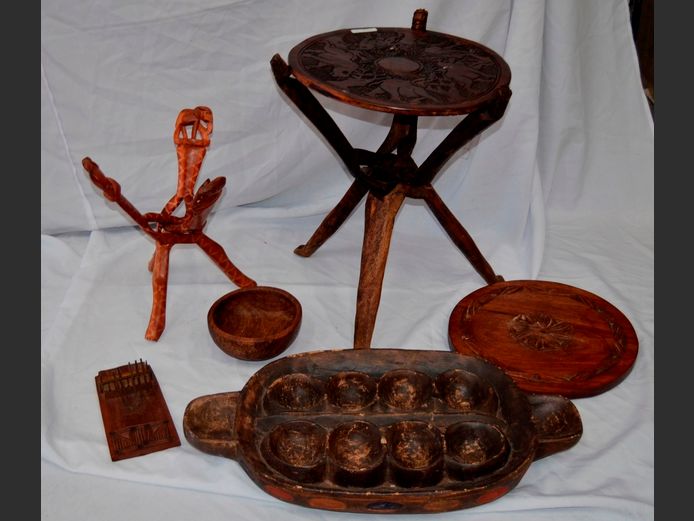 CARVED AFRICAN SIDE TABLE, VINTAGE MANCALA GAME, etc