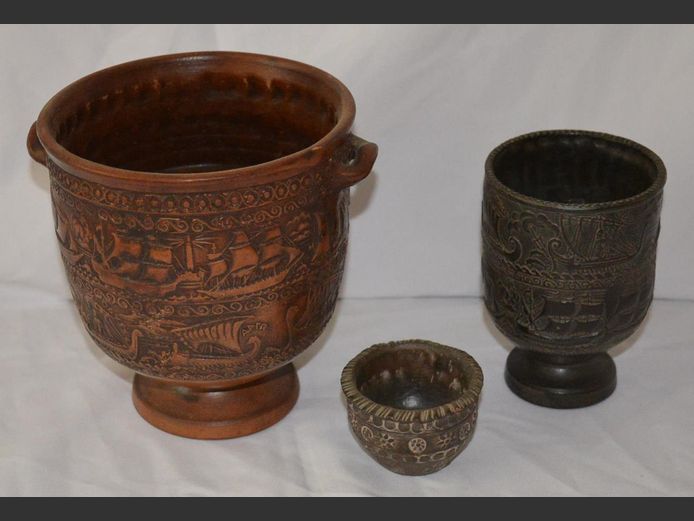 LOT: GRECIAN URN & GOBLET, 15cm Diameter x 17cm High, 90cm Diameter x 13cm High & 70cm Diameter x 5cm High
