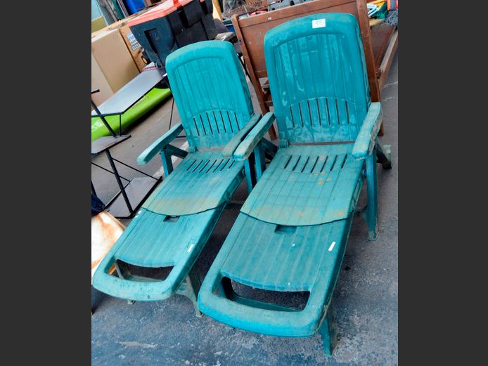 PAIR GREEN PLASTIC POOL LOUNGERS [Weathered]