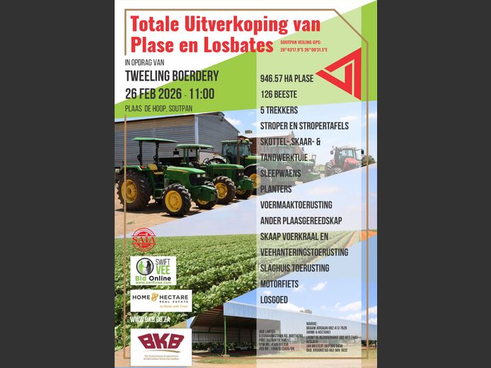 TOTALE UITVERKOPING VAN TWEELING BOERDERY 