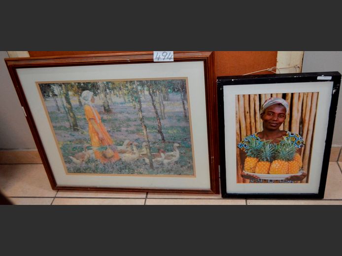 DARKWOOD FRAMED PRINT "LADY WITH GEESE", 57.5 x 44.5cm, & ANOTHER, 41 x 28.5cm