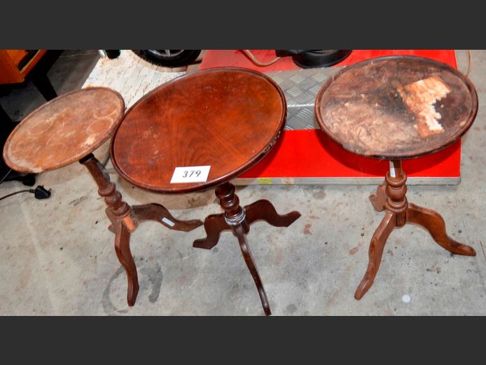 LOT OF 3: IMBUIA SIDE TABLES ON TRIPOD BASES, 38cm Diameter x 51cm High, 30cm Diameter x 51cm high & 30cm Diameter x 50cm High [1 Broken, all in need of restoration]