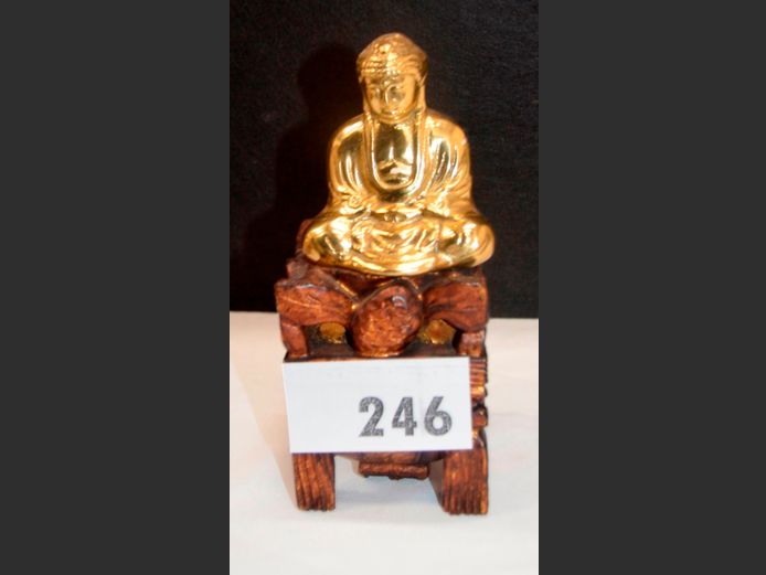 CAST BRASS BUDDHA ON CARVED STAND, 8 x 8 x 19cm [Incl. stand]