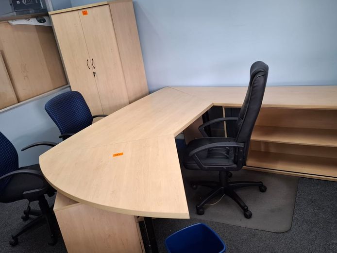 Desk with credenza, 3 chairs, cabinet, dustbin