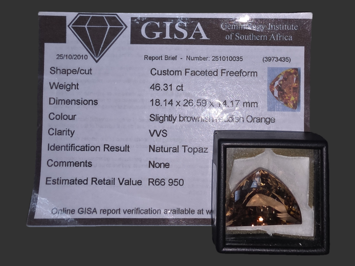 1 X NATURAL TOPAZ 46.31CT VVS CLARITY