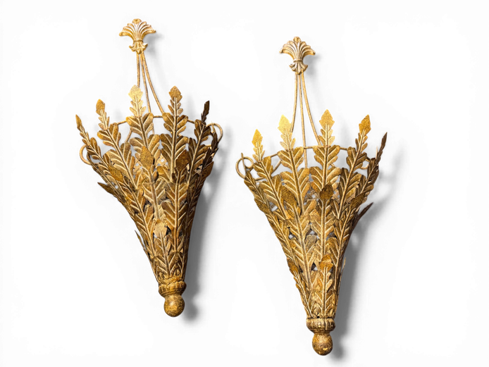 Pair of Decorative Metal Leaf Wall Sconces / Planters