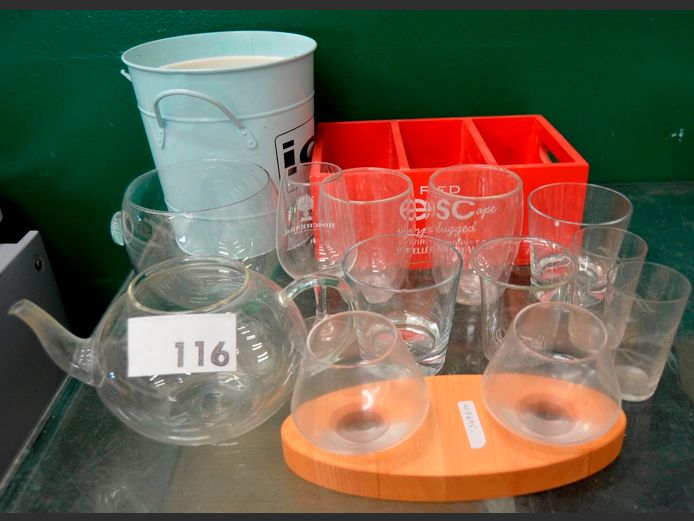 GLASS TEAPOT, GLASS ICE BUCKET, WOODEN CADDY, METAL ICE BUCKET, etc