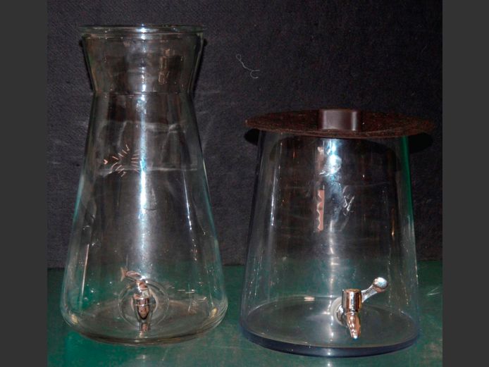LOT OF 2: GLASS JUICE DISPENSERS, 36cm & 25cm High