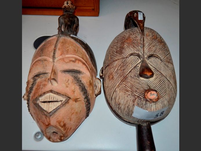 LOT OF 2: CARVED AFRICAN MASKS, 20 x 12 x 43cm & 20 x 14 x 41cm